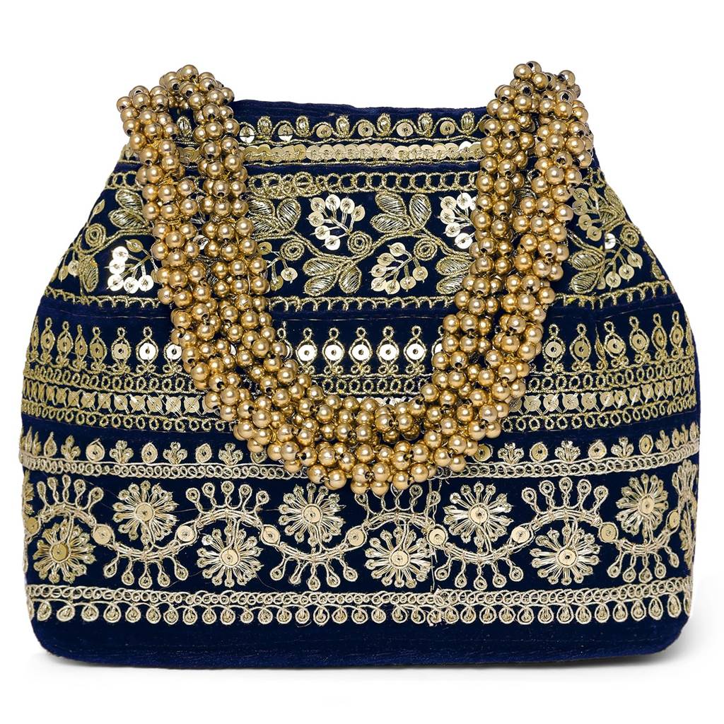 Blue Floral Potli Purse For Women Handmade Ethnic Handbag Stylish Bridal Fashion Wristlet Bag For Girls : P203B-F