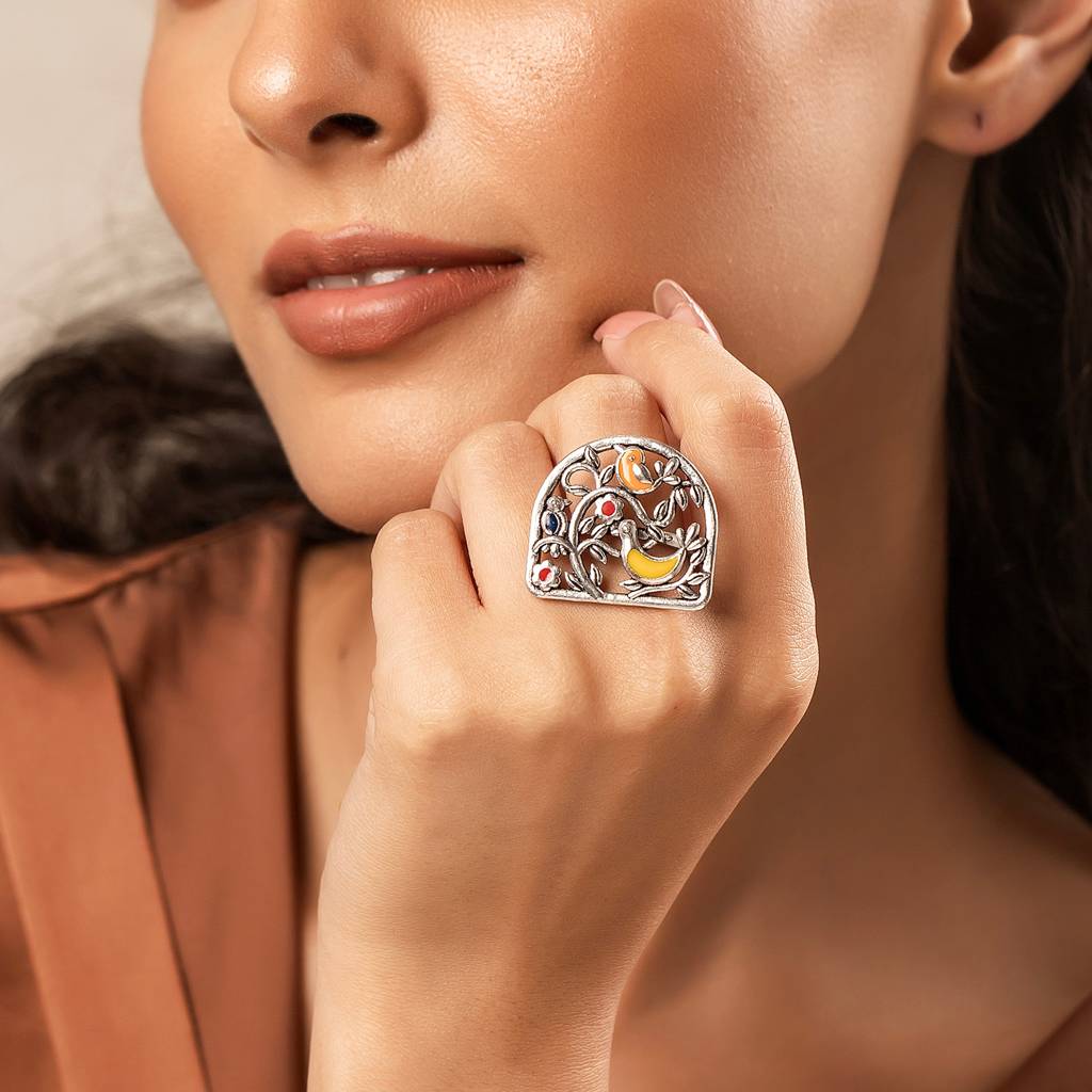 Madhubani Pakhi Oxidised Enamel Ring : 8905124560800