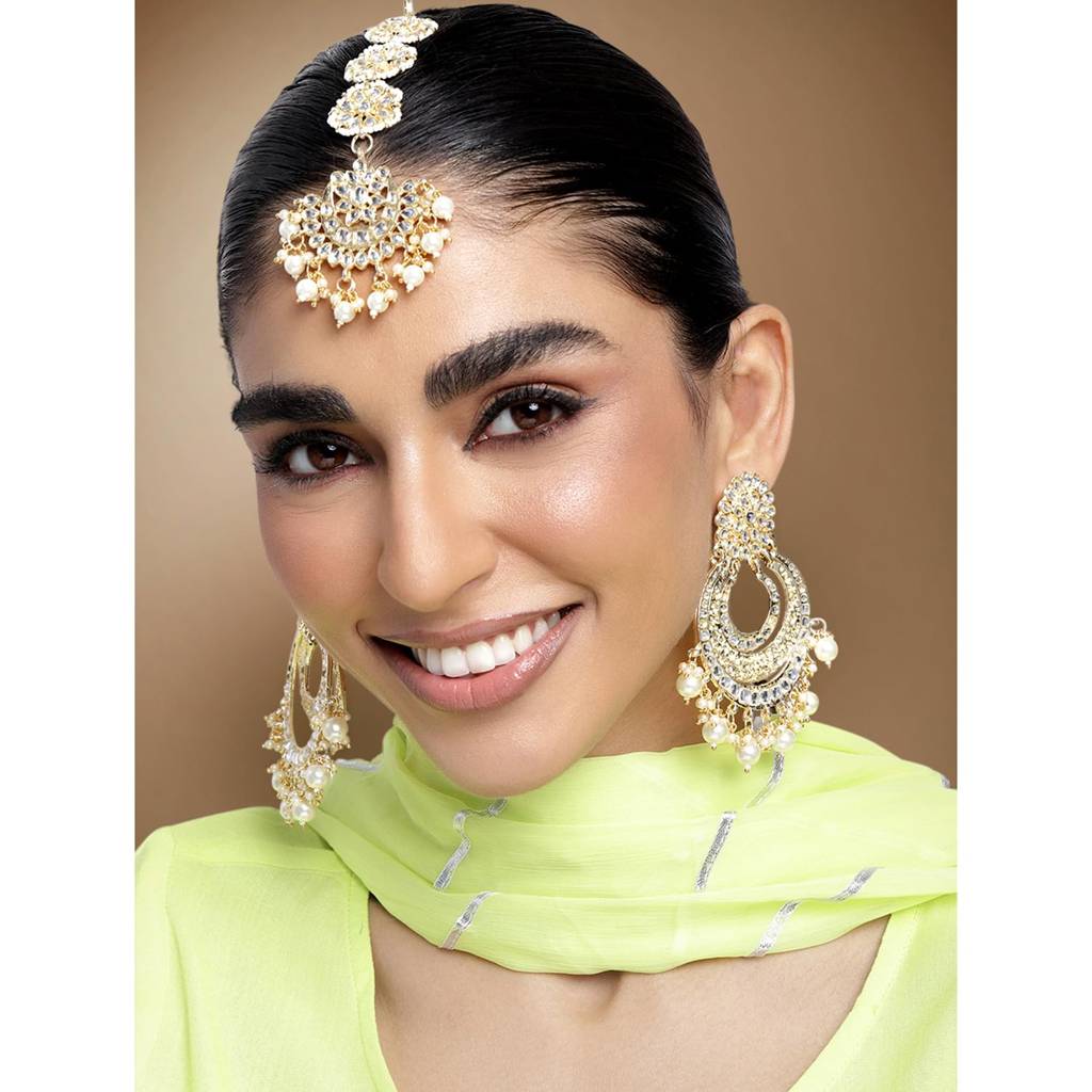 Matte Gold Finish Kundan Chandbali Earring Maang Tikka Traditional Jewellery Set For Women Girls : PF37TE2860W