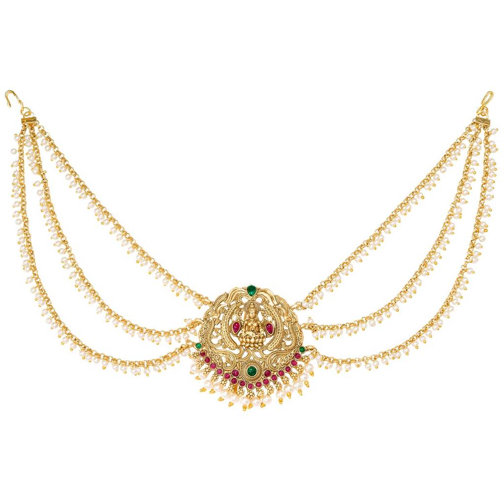 Ethnic Layered Hair Juda Pin For Women & Girls Gold Plated Faux Emerald Ruby & Lariya Studded Festive Bridal Jew : PF47HJ05RPG