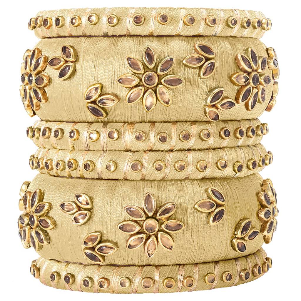 Peora Silk Thread Matching Golden Floral Decorative Chuda Chura Bangle Set For Women : PF51B69CRM