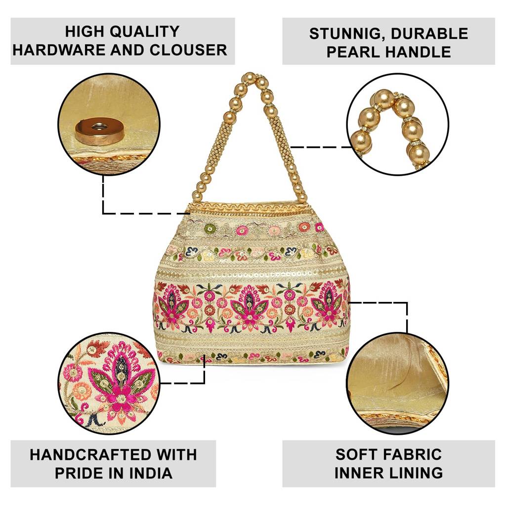 Cream Embroidery Polti Bag With Multicolor Floral Motive Handbag For Women & Girl : P208CRM-L