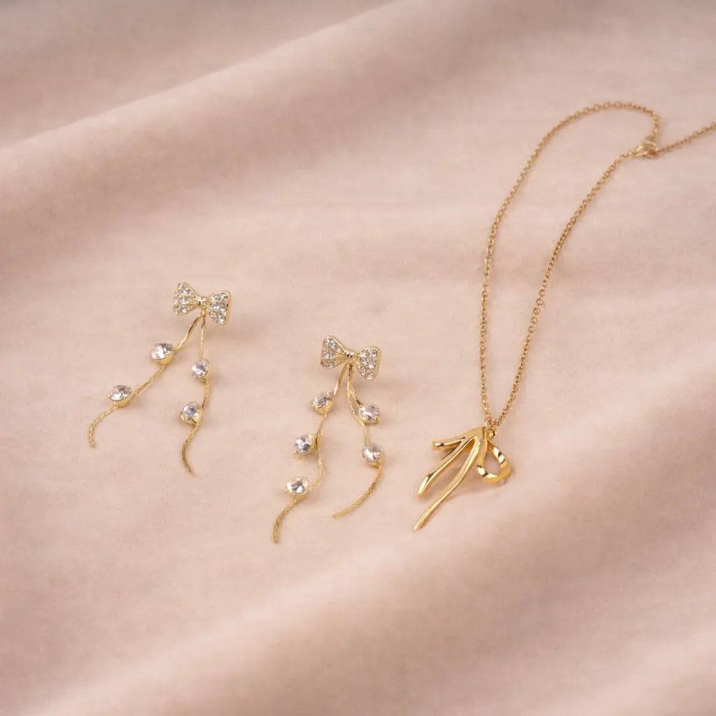 Bow Bliss Duo Necklace And Earrings Combo : NEC-045-G-1