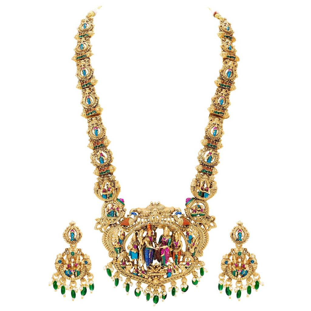 Gold Plated Green Rani Pink Long Necklace Earrings Set For Women : PF109N03ML