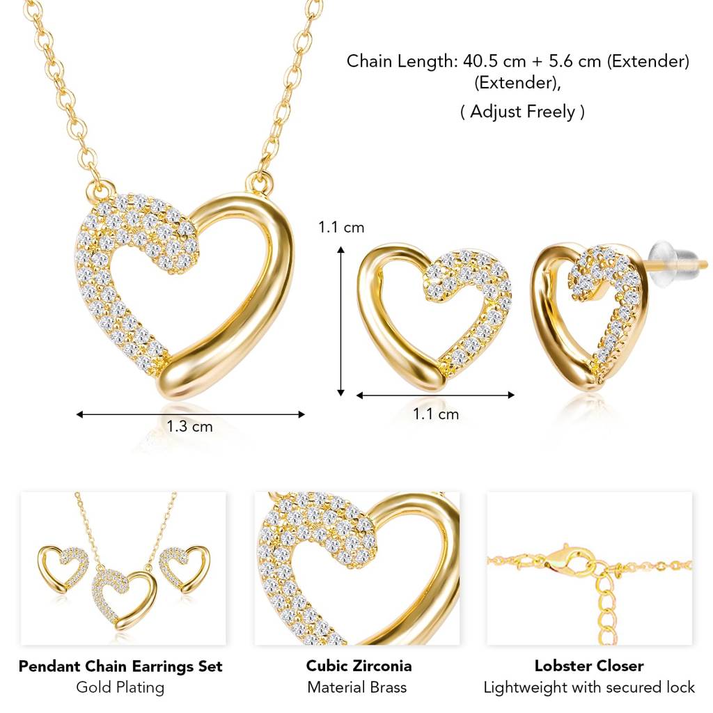 Gold Plated Cz Studded Heart Motif Pendant Chain With Stud Earring Stylish Jewellery Set For Women & Girls : PF68PS97G