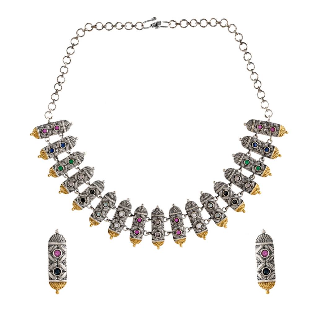 Oxidised Silver-Gold Choker Necklace & Earrings Temple Set - Antique Elegance : 8905124582772