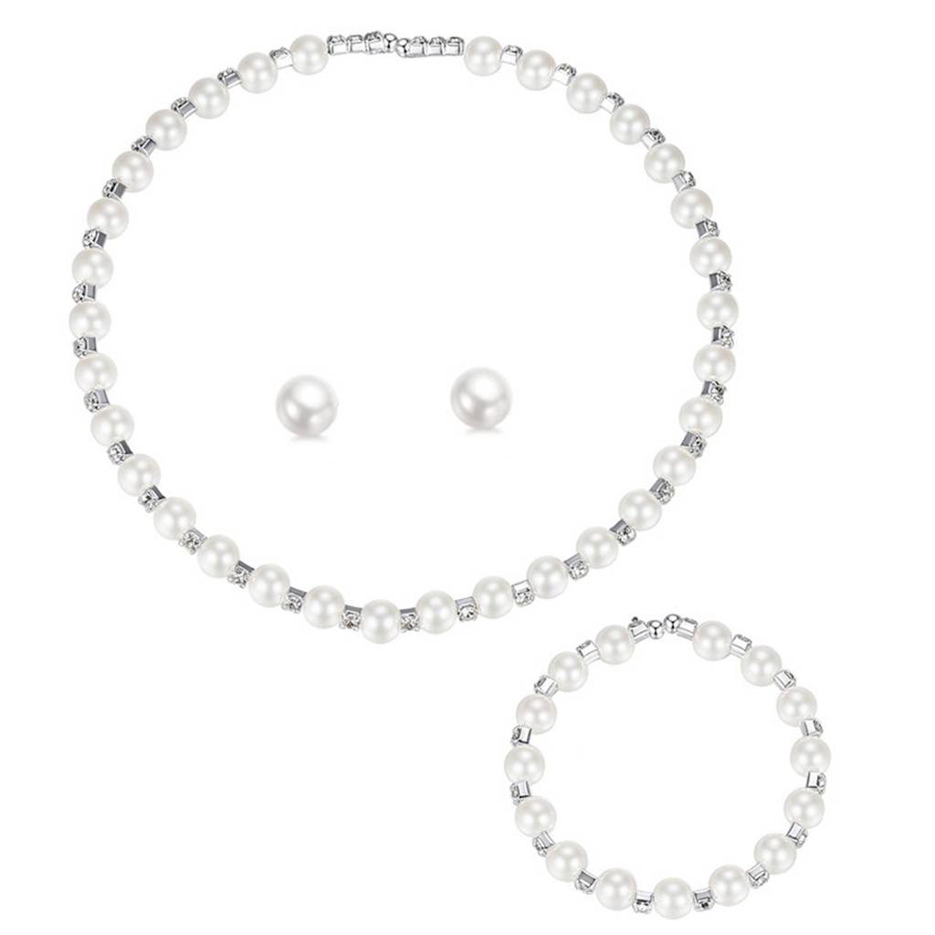 Silver Plated Faux Pearl Studded Necklace Stud Earring & Stretch Bracelet Jewellery Set For Women & Girls : PX9N105