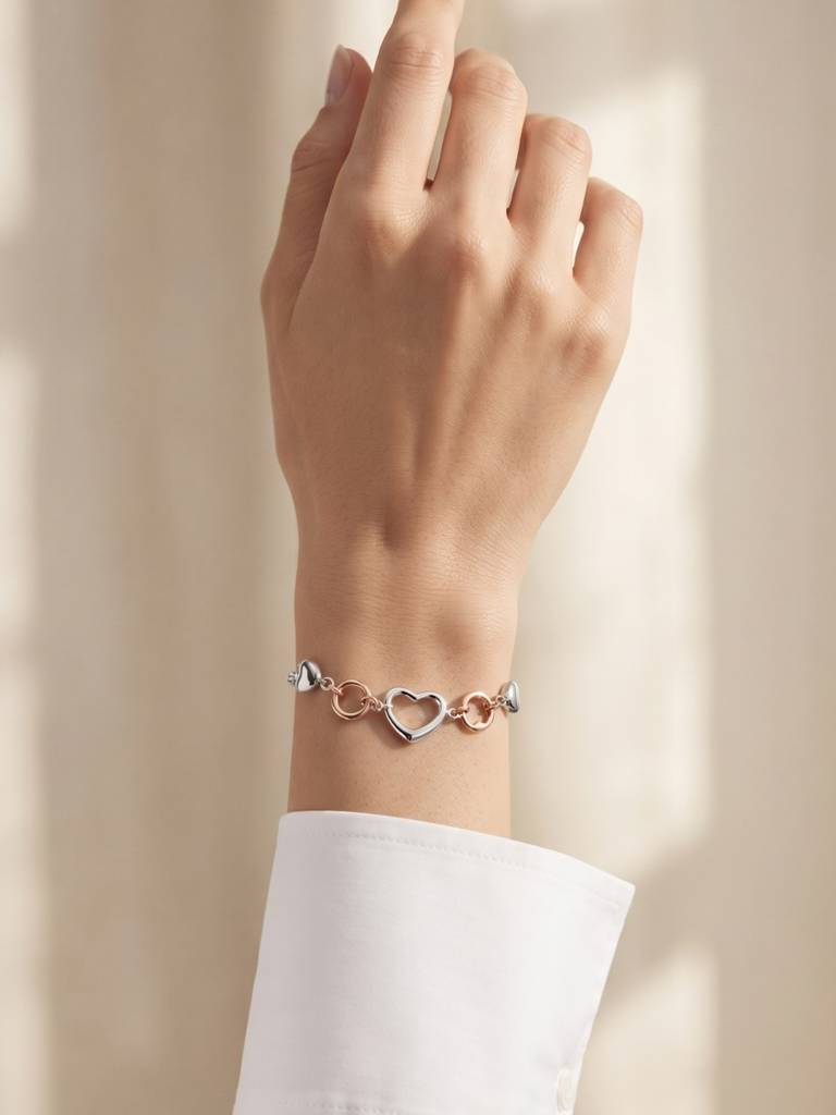 925 Silver Heart Silver Rose Gold Link Bracelet For Women : BR-66