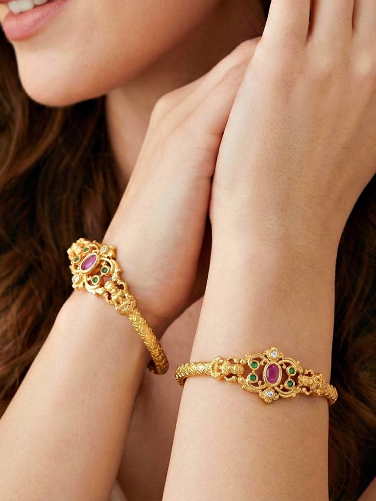 Gold Plated Traditional Temple Design Bangle For Women With Pink Center Stone & Green Beads | Ethnic Brid : 568-C1BG-2194-2-24