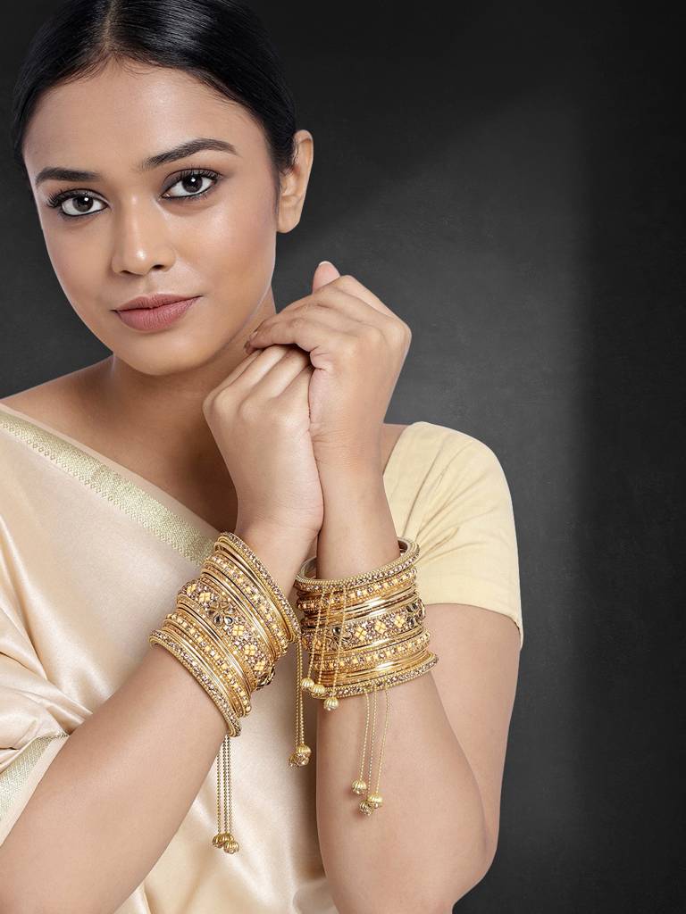 Stone Studded Metal Chuda Bangle Set With Hangings For Women Wedding Bridal Indian Traditional Ethnic Jewellery : PF51B43LCT