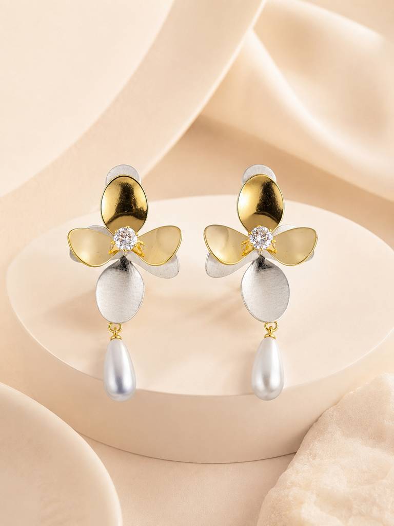 Pearl Drop Floral Gold Earrings : AN-LJ-SI-0071-DE