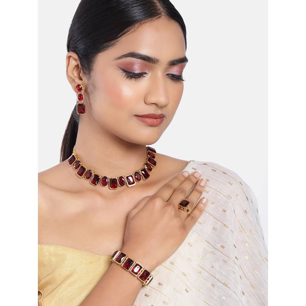Peora Gold Plated Square Crystal Necklace With Drop Earrings Bracelet Finger Ring Indian Traditional Ethnic Jewelle : PF24N18M