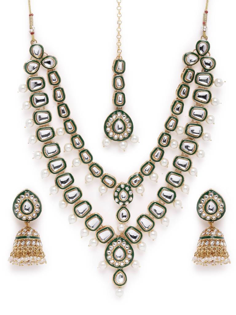 Women'S Gold Plated Ethnic Green Necklace Earrings Maangtikka Set Kundan & Beads Studded Festive Bridal Jewellery : PF27N670G