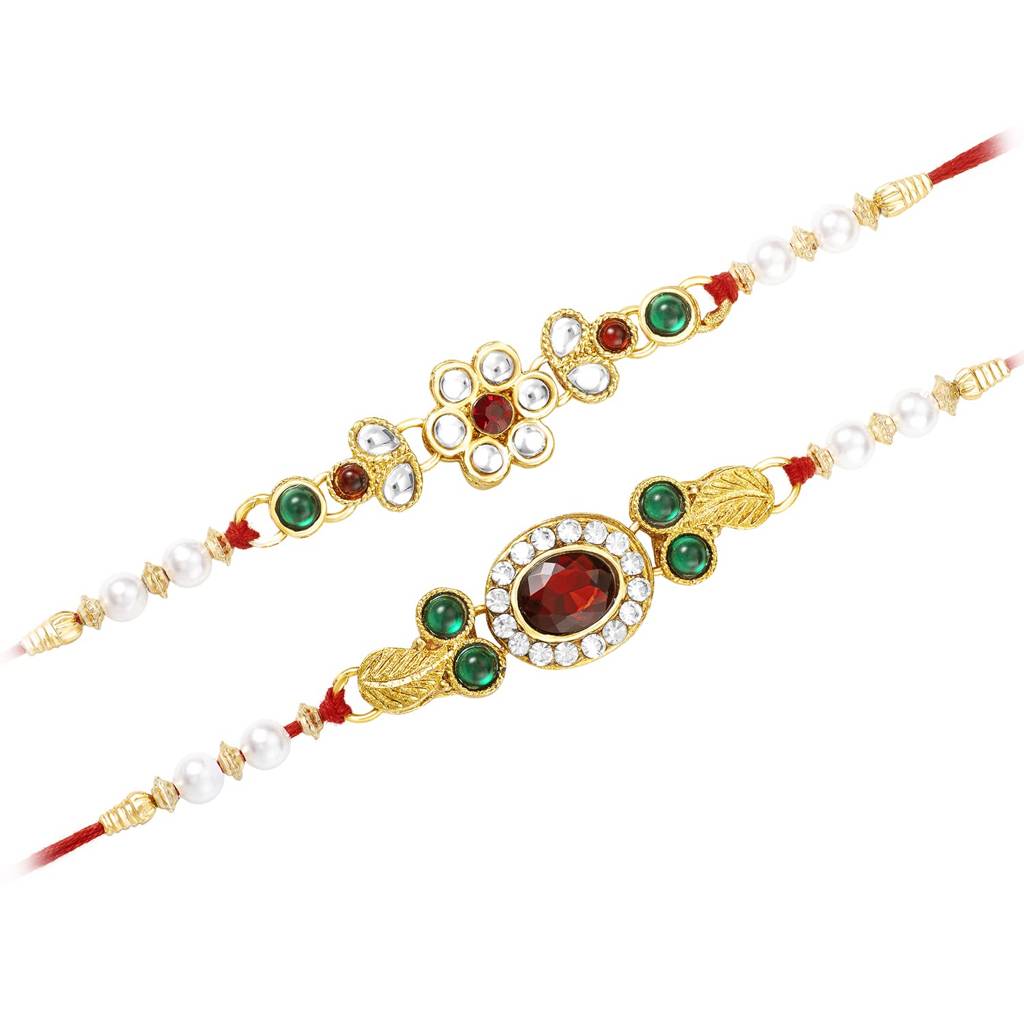 Rakhshabandhan Thread Rakhi For Brother Bhaiya | Crystals & Pearl Studded | Red Green White | Combo Pack Of 2 | Rakhi : R25C09