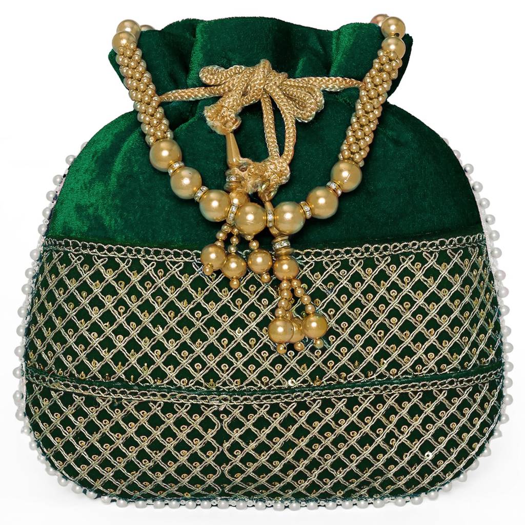 Zari Sequence Potli Bag With Beads Motif Handle For Women Handmade Handbag Stylish Bride Fashion Wristlet Bag For  : P197GRN-F