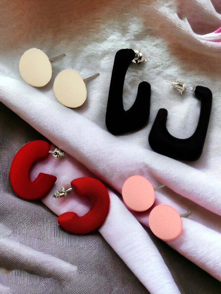 4 Pairs Combo Earrings- Multi Color Plastic Studs And C Shaped And J Shape Drops : 190-CHEX-1016-4