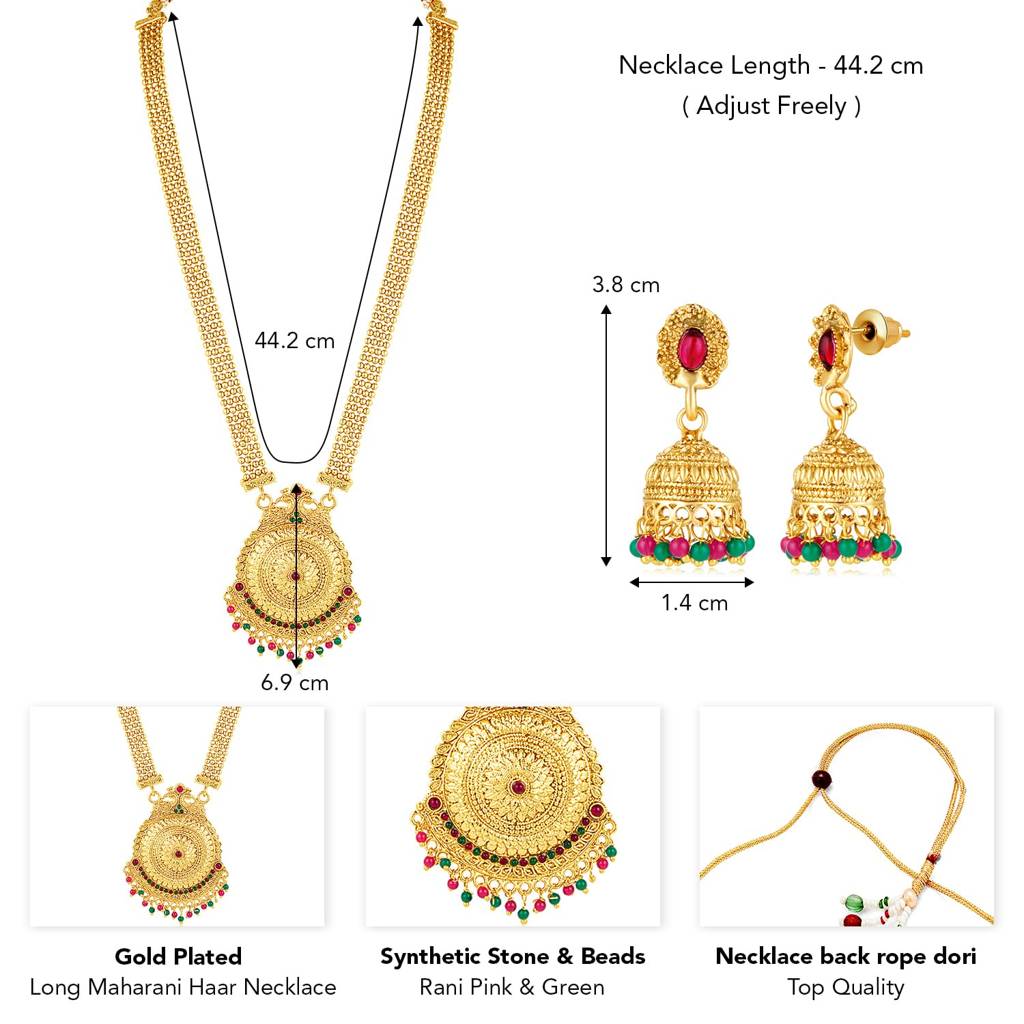 Gold Plated Rani Pink & Green Synthetic Stone Studded Long Maharani Haar Necklace & Jhumki Earrings Tradition : PF04NK10695RPG