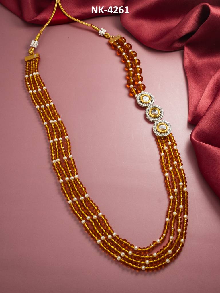 Multi-Strand Amber Crystal Bead With Triple Kundan Ad Pendant Necklace : NK4261