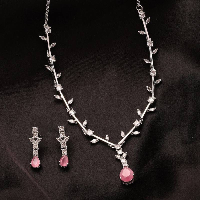 Refined American Diamond Teardrop Vine Leaf Motif Necklace Set– Lightweight Signature Jewelry For Bridesmaid : AD-854-IRMPNKER