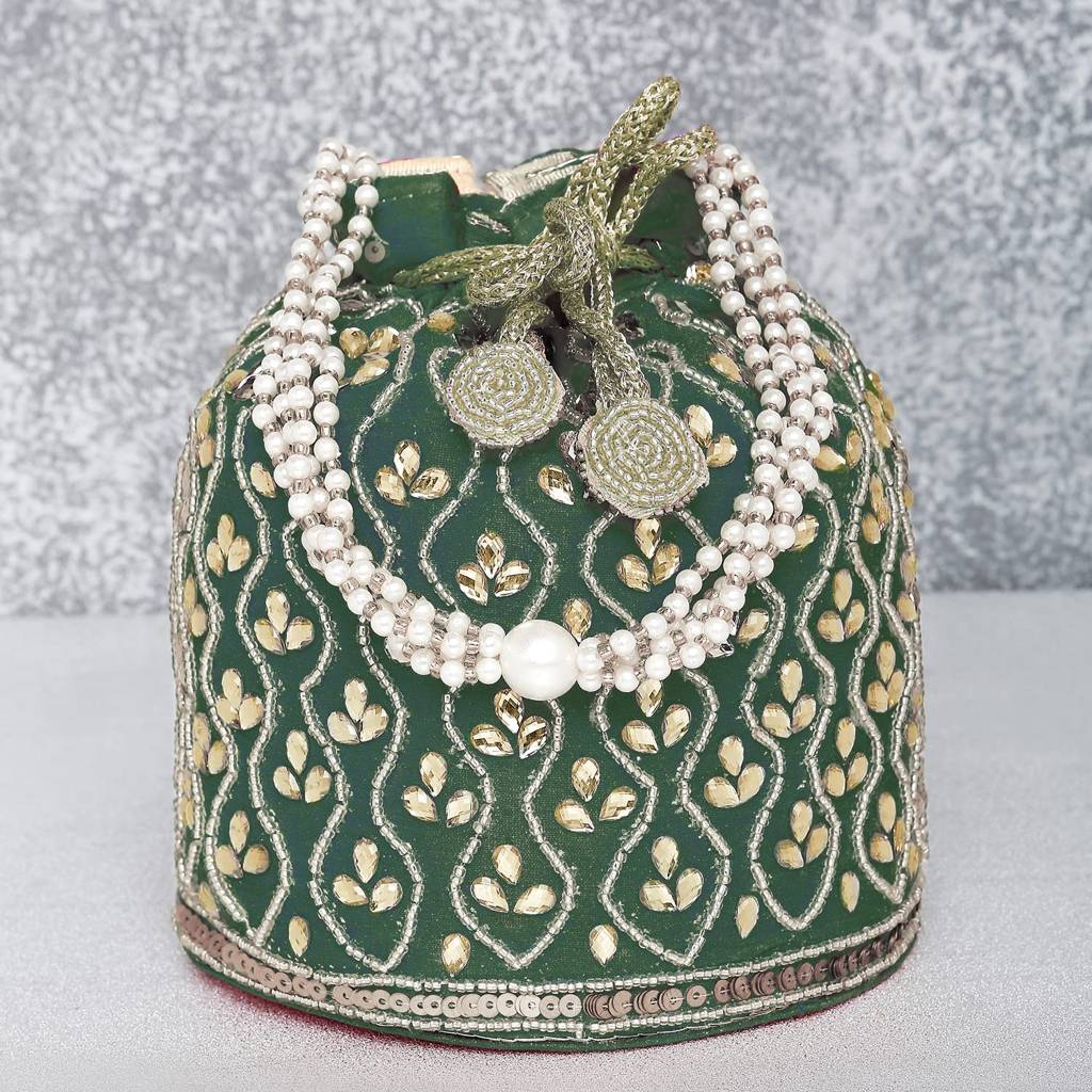 Potli Bag For Women Handmade Evening Wristlet Handbag Stylish Bridal Purse Fashion Bag For Girls (P88B) : P88GRN