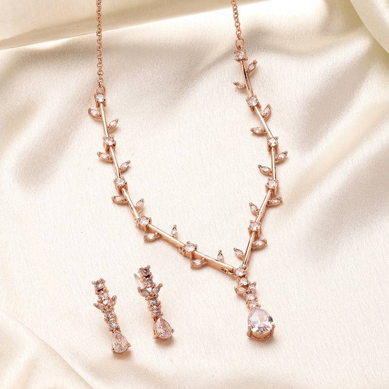 Timeless Elegance: American Diamond Leaf Motif Necklace Set – Chic Lightweight Jewelry For Reception Nights : AD-854-RGWENKER