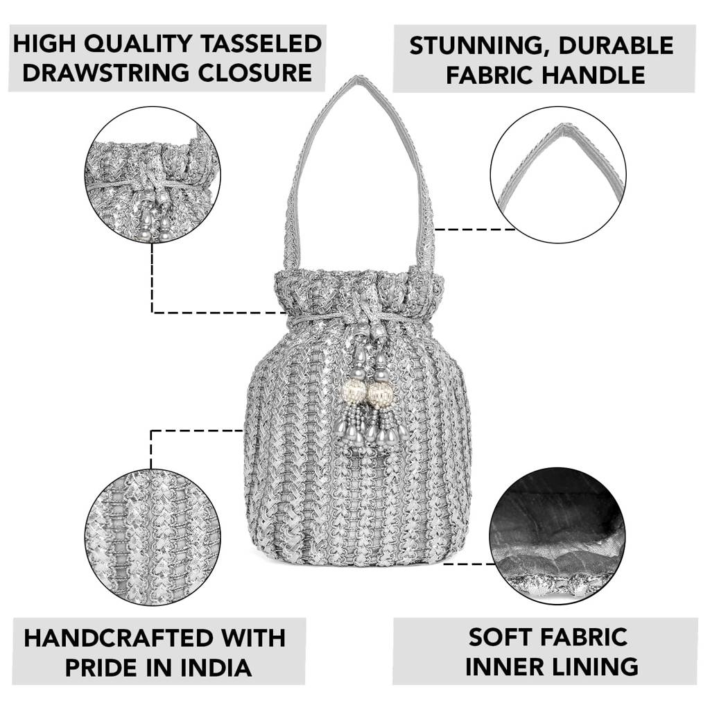 Potli Purses For Women Handmade Evening Handbag Stylish Bridal Fashion Wristlet Bag For Girls (P124C) : P124S