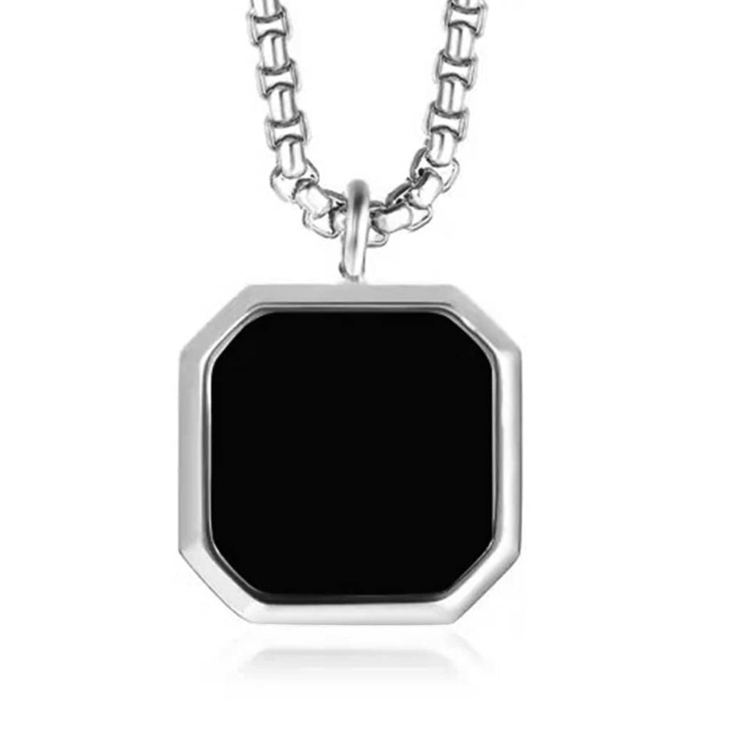 Silver Plated Black Hexagon Shape Pendant Chain Necklace Fashion Casual Jewellery For Men, Gifts For Men : PX9P52