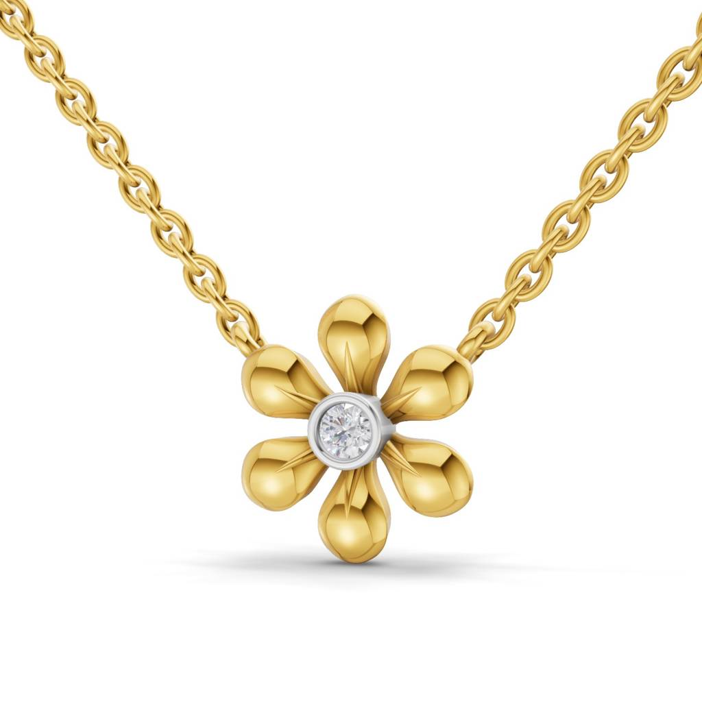 Lab Grown Diamond 0.07Ct Round 925 Sterling Silver Gold Plated Floral Necklace : SQN19734-NK-925S-007CT