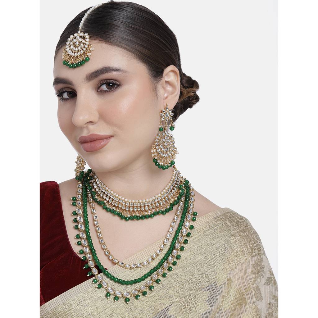 Peora Indian Traditional 18K Gold Plated Kundan Faux Bead Choker Long Necklace Earrings Maang Tikka Jewellery Bri : PF25BR001G