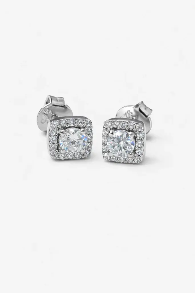 925 Sterling Silver Cushion Cut Halo Cz Stud Earrings : ER-40054-R