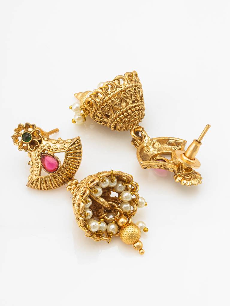 Wedding Wear Antique Gold Temple Long Necklace Set With Beads, Stones And Jhumka Earrings : NK4097