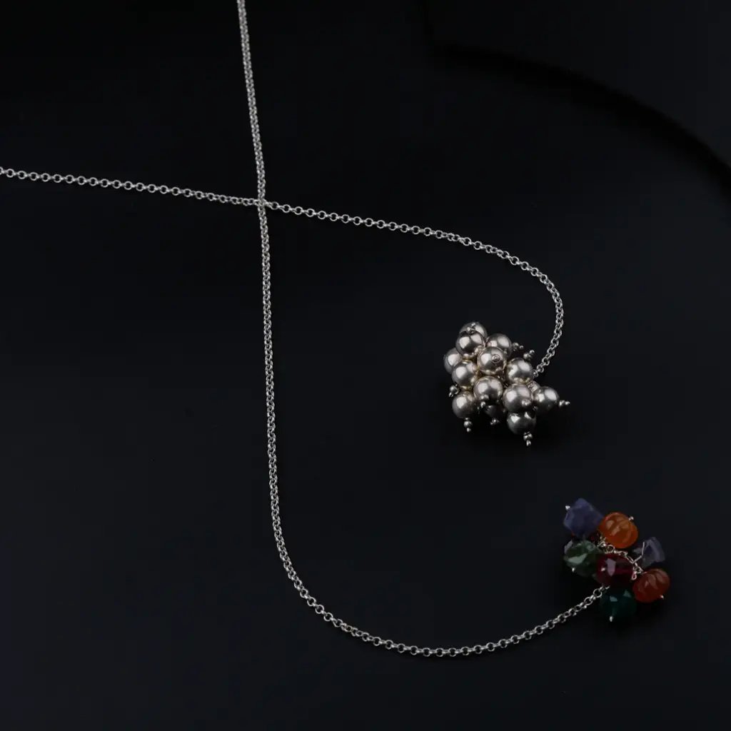 Silver Tie & Wear Necklace With Multicolor Semi-Precious Stones And Silver Beads : 52817047