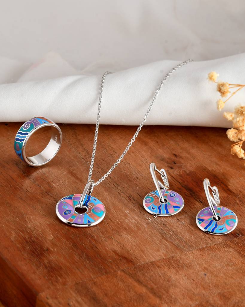 Sterling Silver Enamel Disc Jewelry Set – Color-Splash Necklace, Dangle Earrings & Ring : ZIRAK-Pendant-064