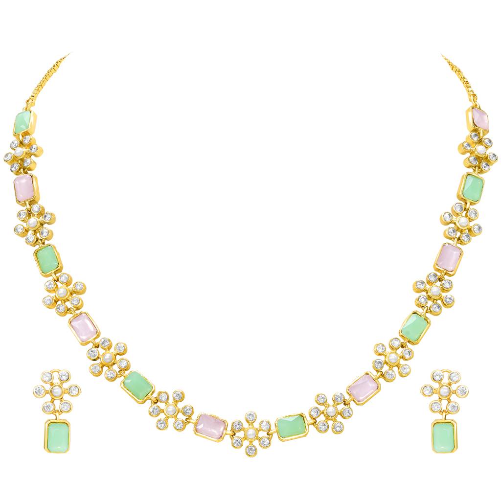 Women'S Gold Plated Mint Pink Necklace Earrings Set Crystals & Cubic Zirconia Studded Festive Bridal Jewellery : PF104N26MNTPK