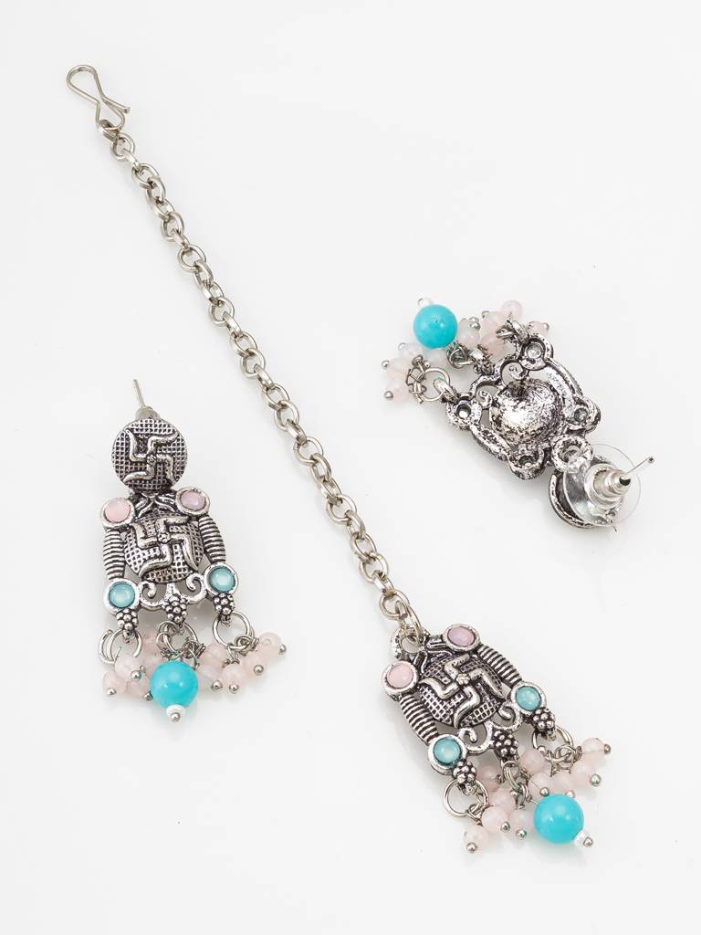 Navratri Special Silver Choker Necklace Set With Earrings And Maang Tikka In Turquoise And Pink Beads : NK4098