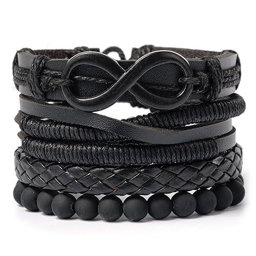 Black Leather Handmade Bracelet Fancy Casual Stylish Jewellery For Men & Boys Standard Size (Set Of 4) : PX9LB53