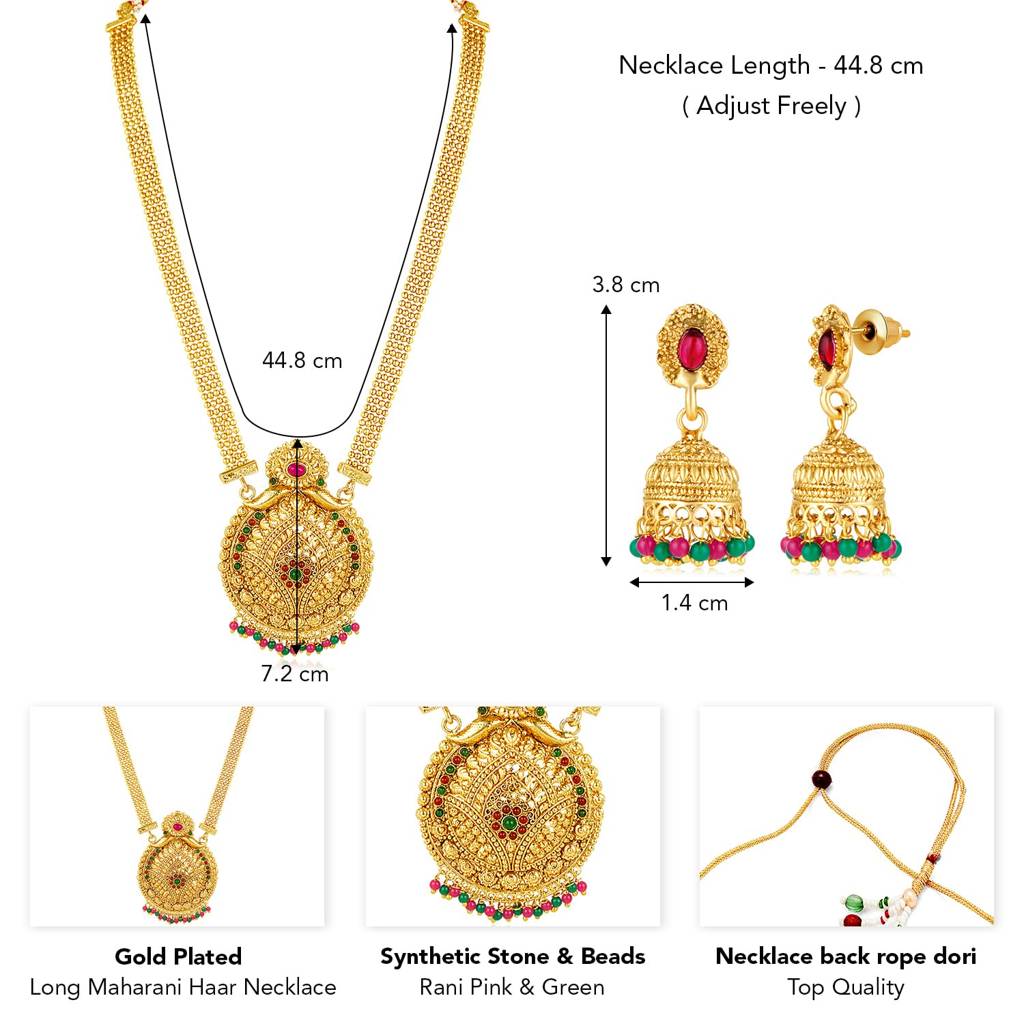 Gold Plated Rani Pink & Green Synthetic Stone Studded Long Maharani Haar Necklace & Jhumki Earrings Tradition : PF04NK10694RPG