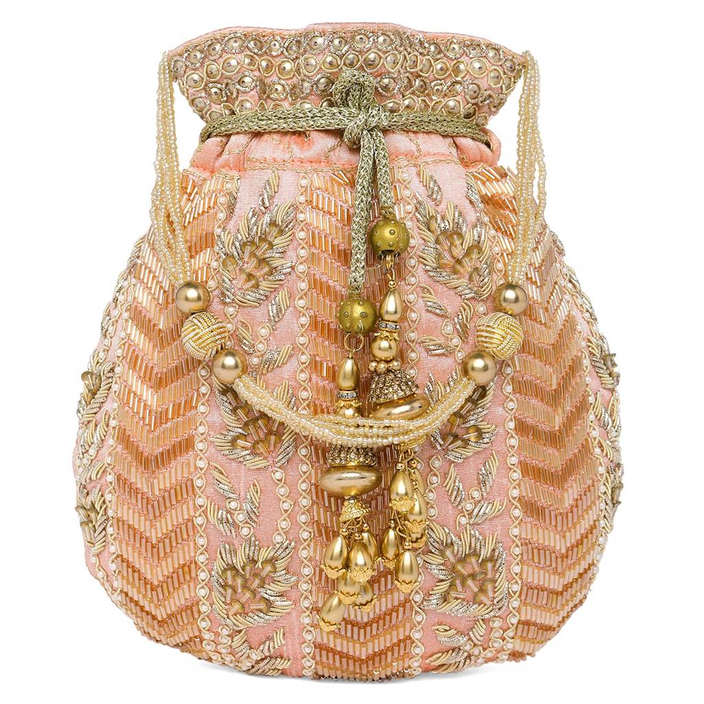 Potli Bag For Women Handmade Evening Wristlet Handbag Stylish Bridal Purse Fashion Bag For Girls (P128Crm) : P128PK