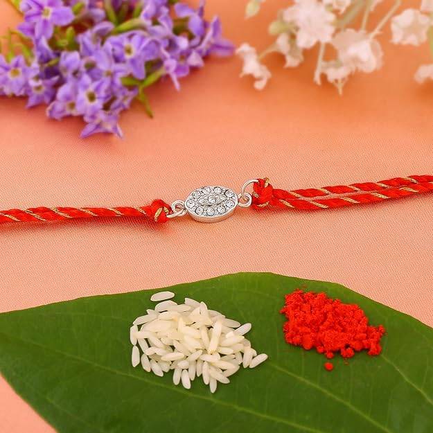 Rhodium Plated Designer Rakhi With Austrian Crystals And Fancy Silk Thread, Multicolour, One Size : 188-IG-RAKHI