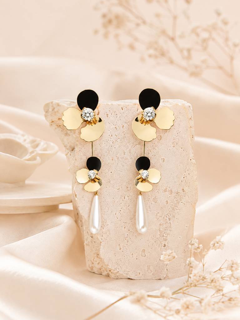 Double Floral Pearl Drop Earrings : AN-LJ-GO-0072-DE