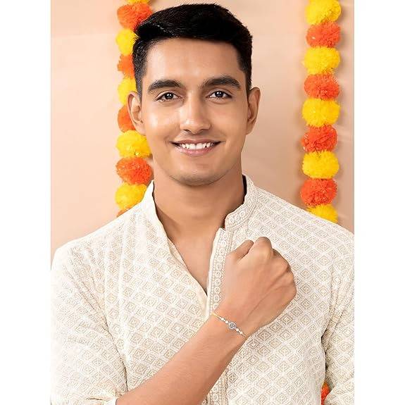 Mens 925 Sterling Silver Om & Beads Studded Rakhi For Brother Bhaiya|Cream Thread|Raksha Bandhan Hamper With Roli Ch : R18S01S