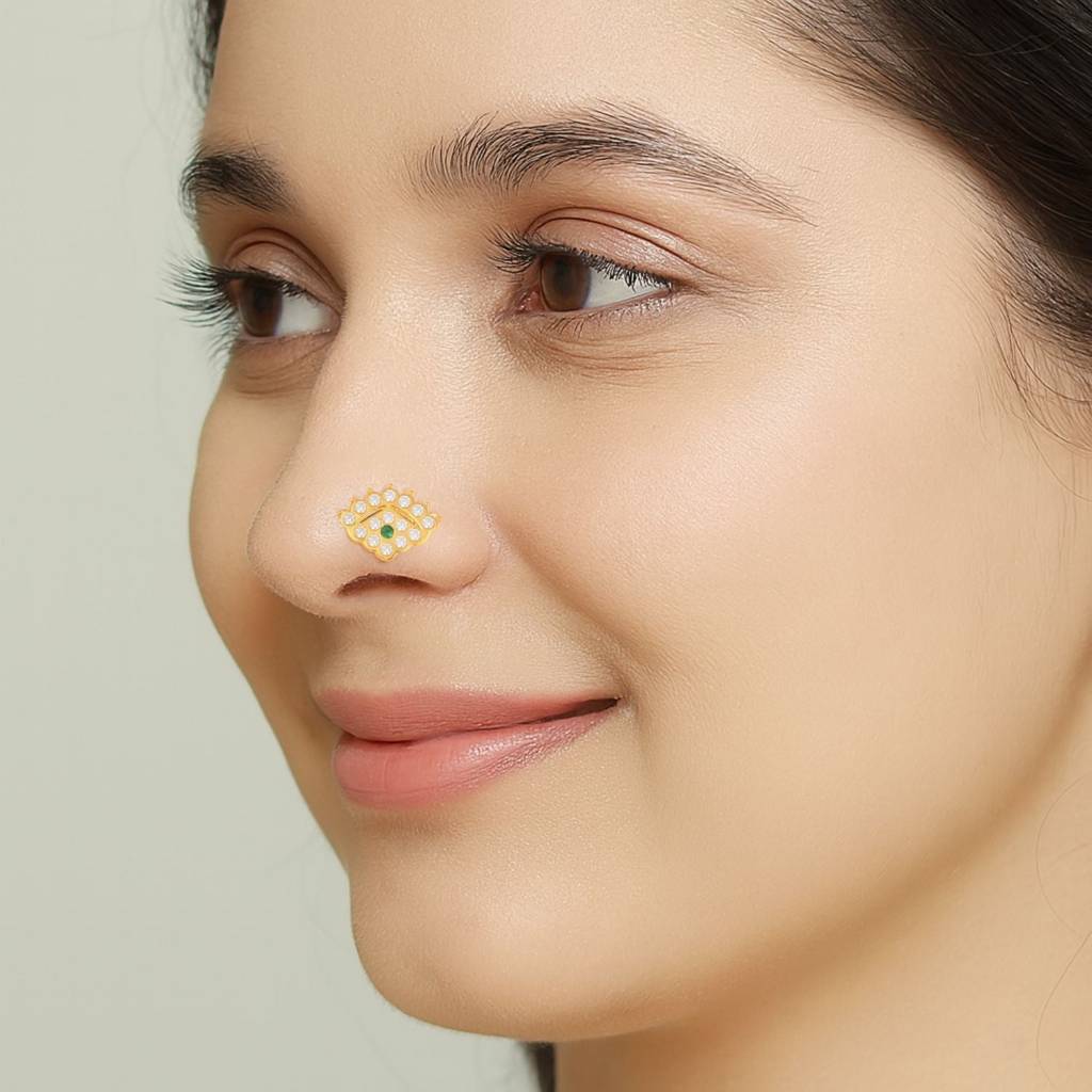 Green & White Cz Crown Motif Nose Pin - Sterling Silver Gold Plated : NP-00036_925S_YG_GZ