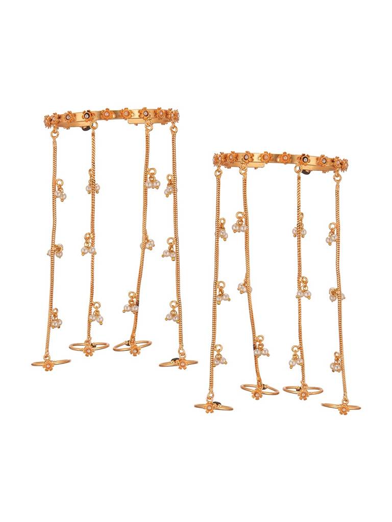 Set Of 2 Gold Plated Pearl Beaded Multi Chain With Rings Minimal Hathphool : SJHP3004