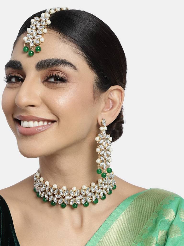 Indian Traditional Gold Plated Kundan Green Faux Pearl Wedding Bridal Choker Necklace Jewellery Set With Earring : PF25BRC105G
