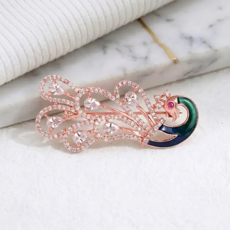 Cz Statement Peacock Feather Brooch Pin For Women |Wedding Wear : AD-005-RGWE-BROOCH