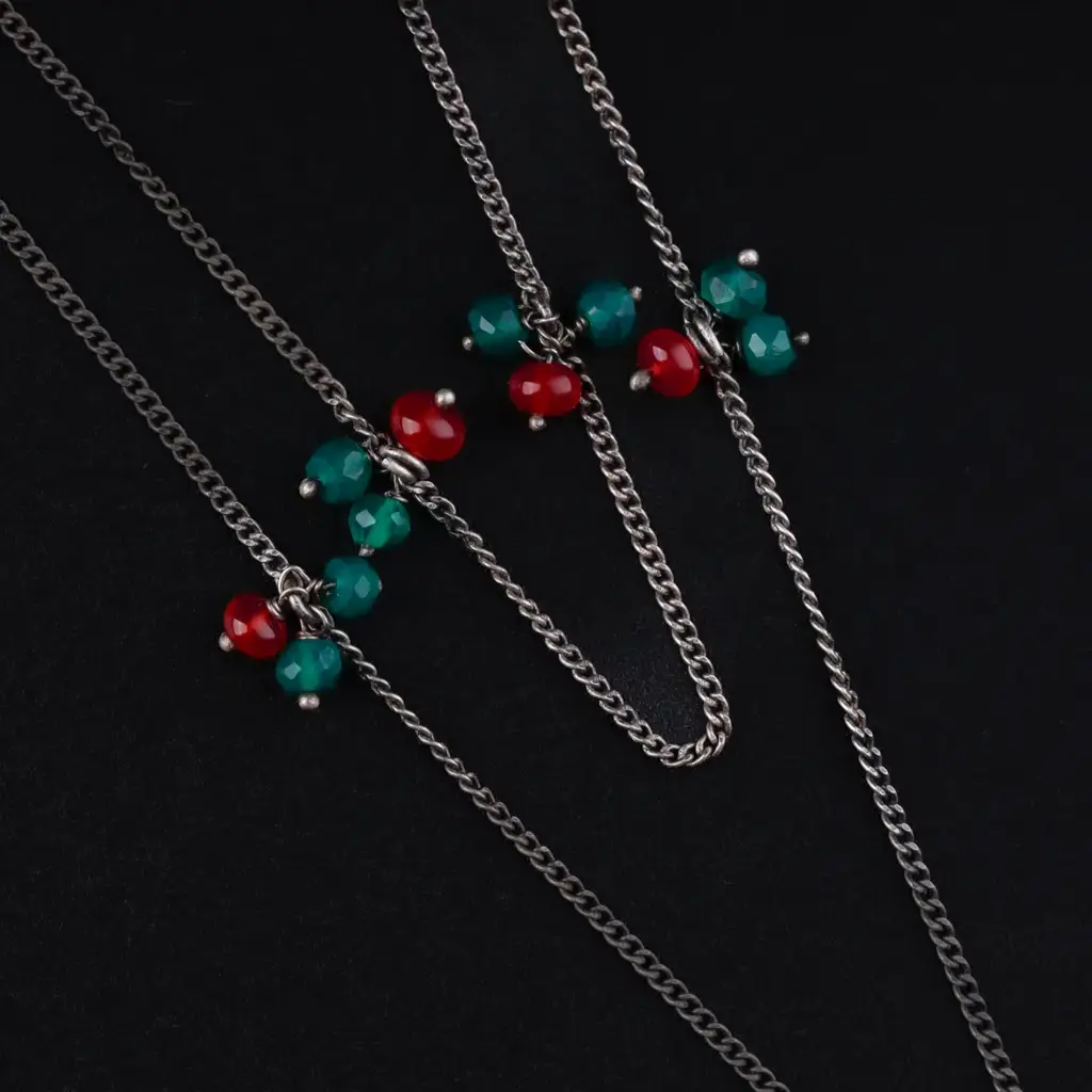 Oxidized Silver Necklace With Ruby And Green Onyx : 80552343