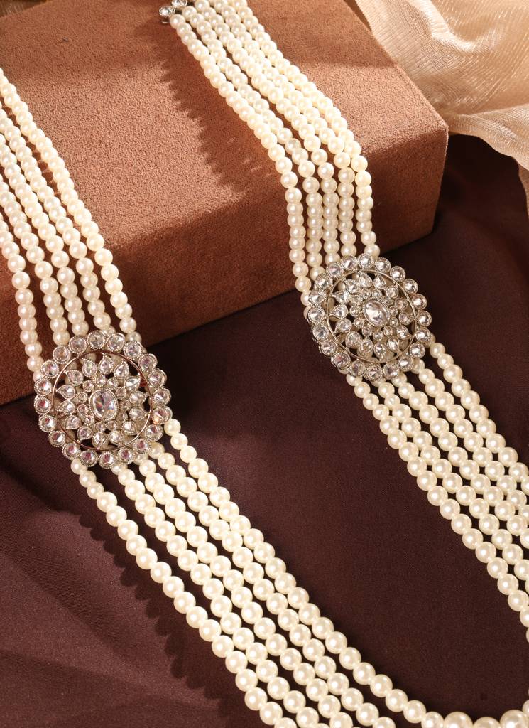Pleasant Flower Design Pearl 5 String Brown Stone Kundan Antique Gold Plated Long Haram Necklace Mala For Women  : 6ML13_WHITE