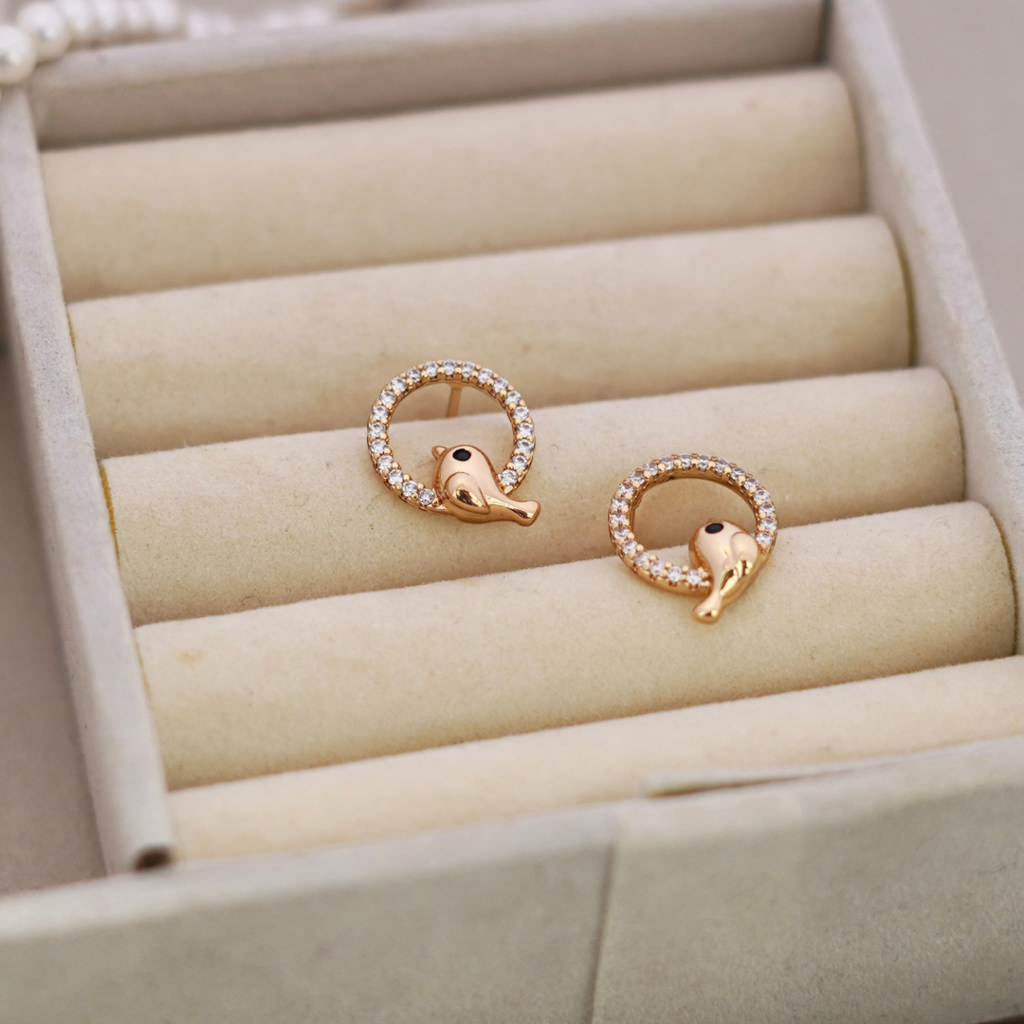 Rose Gold Bird In Circle Cubic Zirconia Stud Earrings : RB-13A