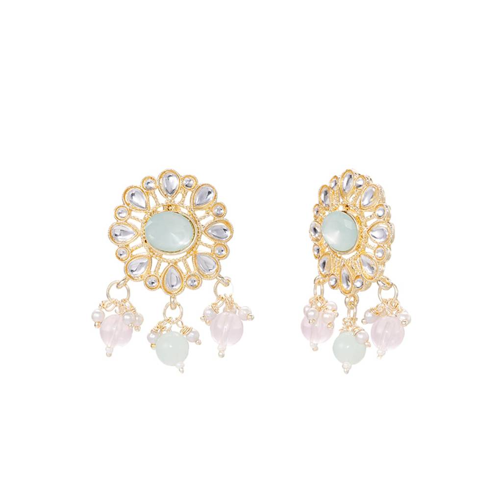 Pink Mint Crystals Studded Necklace Earrings Maangtikka Set For Women | Festive & Bridal Jewellery, Anniver : PF04NK11171PKMNT