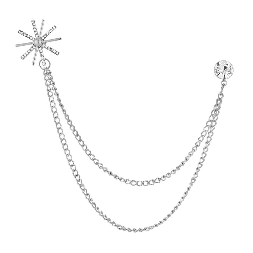 Silver Plated Cubic Zirconia Studded Elegant Double Chain Pin Brooch Jewellery For Men : PX9BH14S